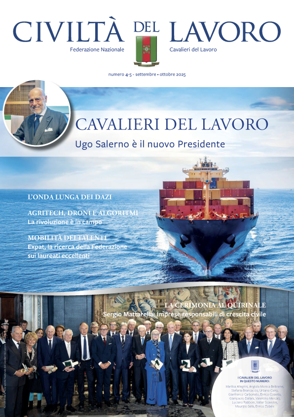 Copertina del n. 4-5/2025 della rivista Civiltà del Lavoro: una nave portacontainer che solca il mare in alto e, in basso, un'immagine con i nuovi Cavalieri del Lavoro al Quirinale